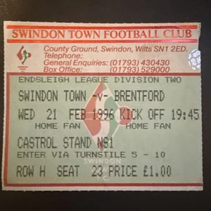 Swindon Town gegen Brentford (Division 2 95/6) 21/2/96 Match Ticket - Bild 1 von 2
