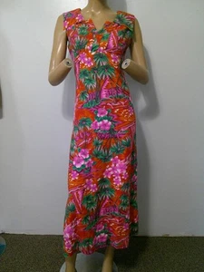 Vtg 70s Handmade Hawaiian V-Neck Sleeveless Cotton Maxi Dress Red Pink S/M USA - Picture 1 of 7