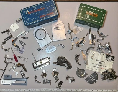 50+ pcs Vintage Singer 600 Series Sewing Machine Foot & Plate Attachments +Boxes - Image 1 of 4