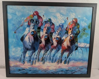 Vintage Painting Racetrack Horse Race Oil on Canvas Signed Framed Large 65x55cm - Image 1 of 4
