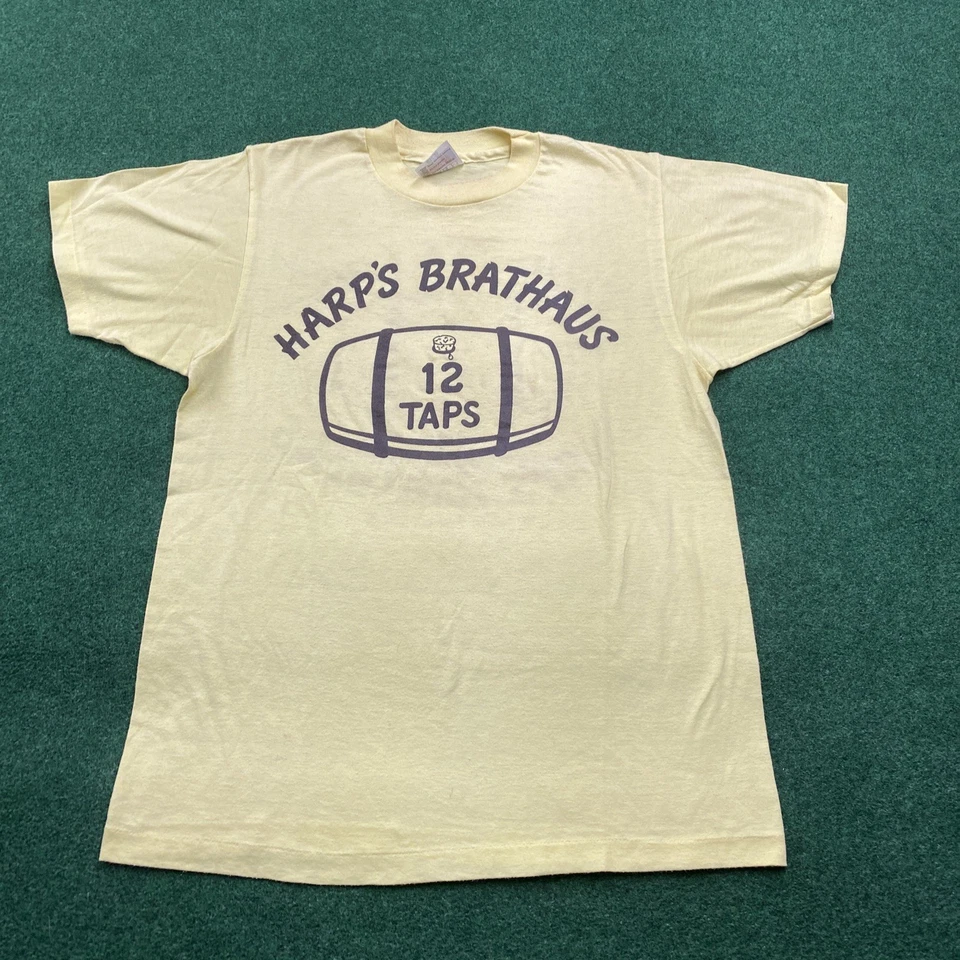Vintage 70S 80S Bar Shirt Mens M Yellow Harps Brathaus River Falls Wisconsin - Image 1 of 4