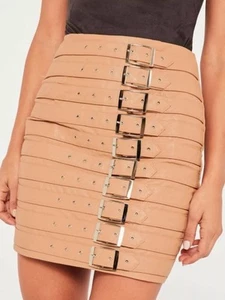 Missguided Women's Nude Faux Leather Buckle Detail Mini Skirt Size 6 - Picture 1 of 5
