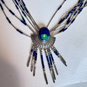 Vintage flüssiges Sterlingsilber QT Azurit Malachit Navajo Halskette Ohrringe Set - Bild 1 von 10