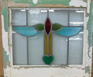 ABSTRACT OLD ENGLISH LEADED STAINED GLASS WINDOW 21.75" X 17.75" - Picture 1 of 3