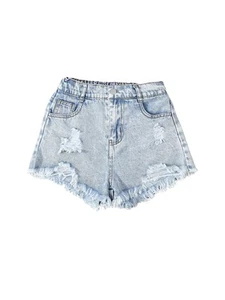 Girl's Distressed Raw Hem Elastic Waist Jean Shorts Straight Leg Denim Shorts... - Picture 1 of 7