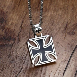 Necklace Chain Stainless Steel Black Silver Mens Boy Large Iron Cross Pendant - Picture 1 of 9