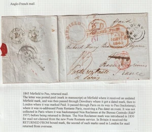 1845 YORKS DEWSBURY & UDC MIRFIELD WRAPPER TO PAU RED 'RETURNED FROM' AT LONDON - Picture 1 of 3