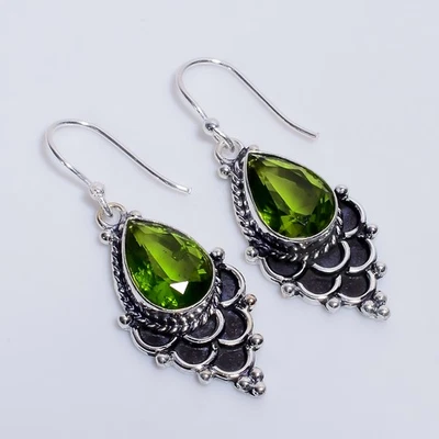 Peridot Gemstone Vintage Style Handmade 925 Sterling Silver Earrings 1.9" k551 - Image 1 of 4