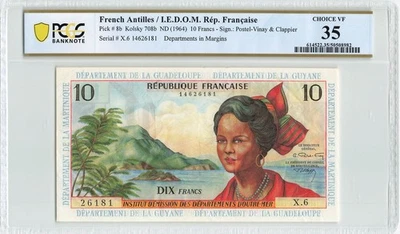 FRENCH ANTILLES 10 Francs 1964, P-8b, PCGS 35 Choice VF, Excellent Example - Image 1 of 2