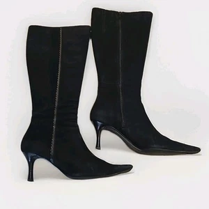 Ann Taylor Loft Charlize Boots Black 7 M Leather Suede Scalloped Detail 90s - Picture 1 of 22