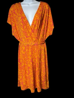 Nine West Short Sleeve Wrap Dress Womens XL Pink & Orange Leaf Print Knit Belted - Image 1 of 4