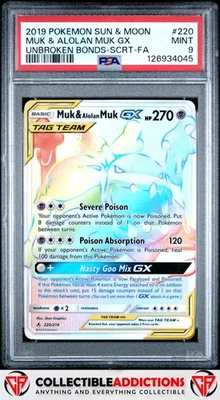 2019 Pokemon Sun & Moon Unbroken Bonds #220 Muk & Alolan Muk Gx PSA 9 - Image 1 of 2