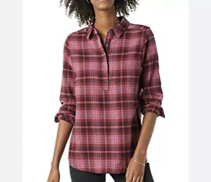 Goodthreads Women’s Brushed Flannel Popover Shirt Burgundy Scotish Plaid Size S - Picture 1 of 8