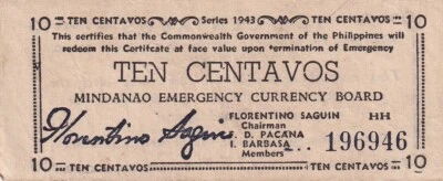 货币 日本 菲律宾 紧急 1943 年 二战 Note 10 Centavo Mindanao Cir — 第 1/2 张图片