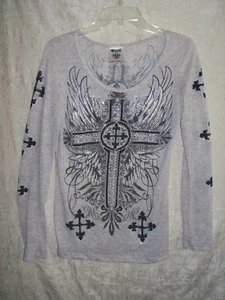 VOCAL Women's size XL Tan Long Sleeve Embellished T SHIRT with Cross Made in USA - Picture 1 of 8