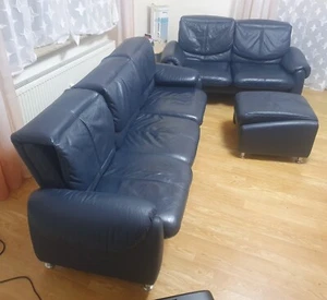 Sofagarnitur 3er 2er Hocker blau Voll-Echtleder gebraucht Nur Abholung - Bild 1 von 9