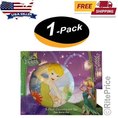 Керамический набор столовой посуды из 3 предметов Disney Pixie Fairies Tinkerbell — новый — бесплатная доставка - Изображение 1 из 4