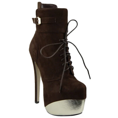 Mujer Zapatos Bloque de Color Plataforma Metálica Con Cordones Stiletto Botines Marrón Foto 1 de 4