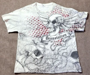 CAMICIA DEVASTAZIONE GOTH VINTAGE Y2K STAMPA ALL OVER TESCHIO ALATO FILO SPINATO GRANDE - Foto 1 di 6
