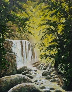 Wasserfall Ölbild Unikat handgemalt Wald Romantik Wasser Bach + Rahmen 24x30 cm - Bild 1 von 4