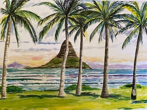 CAPPELLO CINESE Stampa Oahu Hawaii Beach Isola Tropicale Paesaggio Marino K C Jones Art - Foto 1 di 7