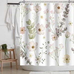 Watercolor Floral Shower Curtain Pink Daisy Leaves Modern Minimalist Fabric S... - Picture 1 of 7