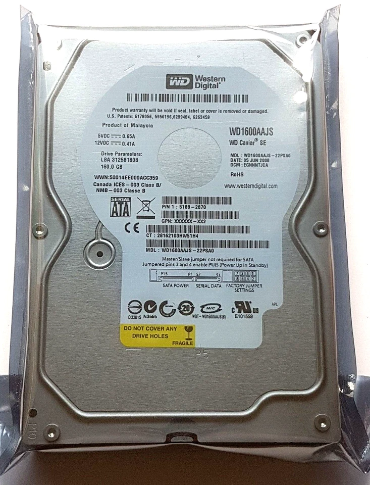 160 GB SATA Western Digital WD1600AAJS-22PSA0 7200rpm 8MB 3,5 " Hard Drive New - Image 1 of 1