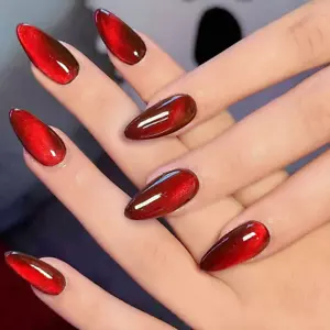 STILETTO ALMOND MEDIUM *RED CAT EYE* Full Cover 24 Nail Tips Press On Glue Set! - Picture 1 of 5