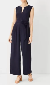 NEW ANN TAYLOR NIGHT SKY NAVY BLUE SPLIT NECK SLEEVELESS TIE WAIST JUMPSUIT 12 - Picture 1 of 4
