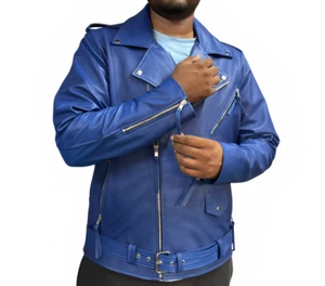 Men's Royal Blue 100% Genuine Leather Jacket Belted Motorcycle Biker Jacket - Picture 1 of 16
