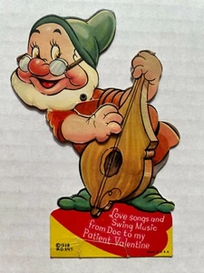 Fun 1938 Mechanical Valentine's Day Card - Disney 7 Dwarf Doc Playing Songs - Picture 1 of 2