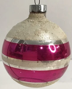 Vintage Made In USA Christmas Ornament Striped Silver Pink White Snow Glitter - Picture 1 of 6