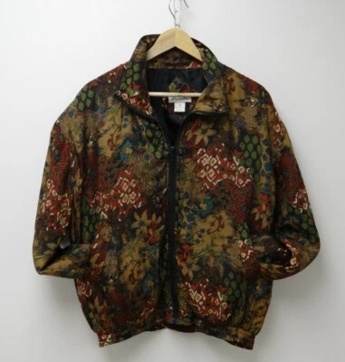 80s Silk Bomber Style Wind Breaker Printed Patchwork Pattern Sz Medium 100% Silk - Image 1 of 4
