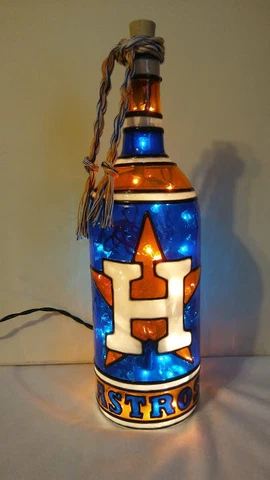 Houston Astros Inspired Bottle Lamp Hand painted Lighted Stained Glass Look Cover