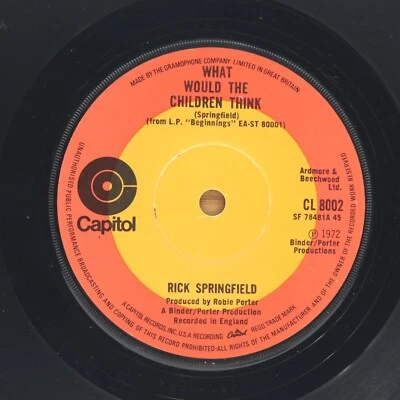 RICK SPRINGFIELD - WHAT WOULD THE CHILDREN THINK / COME ON - ROCK 45 *UK IMPORT* - Image 1 of 2
