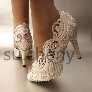 Su.cheny 3"" 4"" Tacón Satén Blanco Marfil Encaje Perlas Puntera Abierta Boda Zapatos de Novia - Imagen 1 de 17