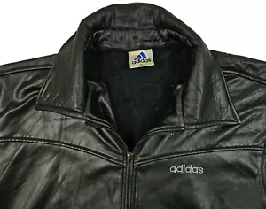*HOT VTG JAPAN Men ADIDAS SPORTS PARKA LINED STRETCH BLACK PU LEATHER Jacket M-L - Picture 1 of 15