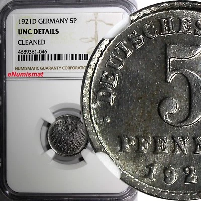 Germany Empire Wilhelm II Iron 1921 D 5 Pfennig NGC UNC DETAILS Munich KM#19 (6) - Image 1 of 4