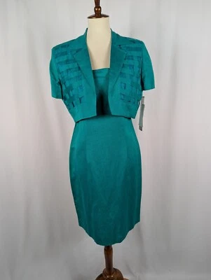 Karin Stevens 2 Piezas Vaina Vestido Manga Corta Chaqueta Lino Bordado Talla 10P Foto 1 de 4