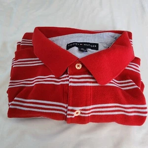 Tommy Hilfiger Men's XXL Short Sleeve Collared Shirt Heavy Polo Type Red Stripe - Picture 1 of 9