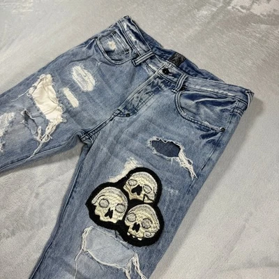 PRPS Jeans Mens 32x34 Blue Denim Skull Patches Light Distressed Button Fly - Image 1 of 4