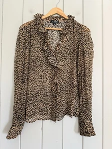 J. Crew Ruffle Button-Up Shirt 6 Leopard-Print Crinkle Chiffon CF437 Sheer - Picture 1 of 7