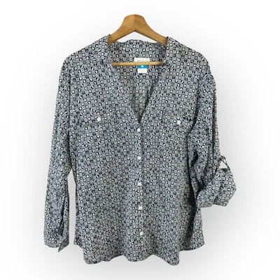 Columbia Womens size 1X PFG Button Up Roll Tab Top 1538532 Nautical Anchor - Image 1 of 4
