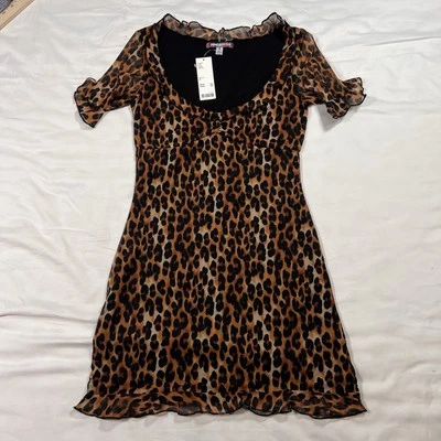 Urban Outfitters Mini Dress Size M Leopard Ruffle Hem Short Sleeve Party Club - Image 1 of 4