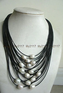 AAA 11-12mm Natural White Freshwater Pearl Multi-Strand Black Leather Necklace - Picture 1 of 3