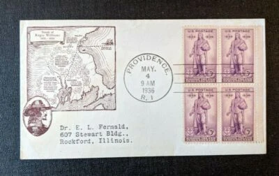 1936 Roger Williams Providence RI FDC 777 20 Cover to Rockford IL Stamp Block - Image 1 of 2