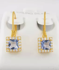 LAB CREATED 1.32 Cts TANZANITE & WHITE SAPPHIRE DANGLE EARRINGS .925 Silver - NW - Picture 1 of 4