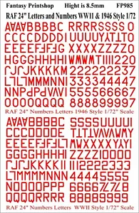 RAF Zahlen und Buchstaben 24" Transfers Decals WWII & 1946 - FP985 ROT MASSSTAB 1/72 - Bild 1 von 3