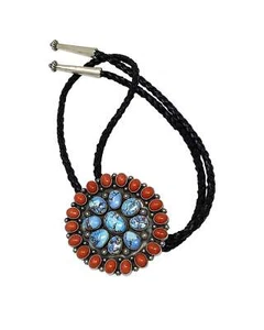 Freddie Maloney, Bolo, Mediterranean Coral, Golden Hills Turquoise, Navajo, 36" - Picture 1 of 4