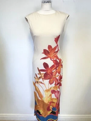 VESTIDO MIDI SIN MANGAS ISSA CREMA Y NARANJA ESTAMPADO FLORAL TALLA 10 Foto 1 de 4